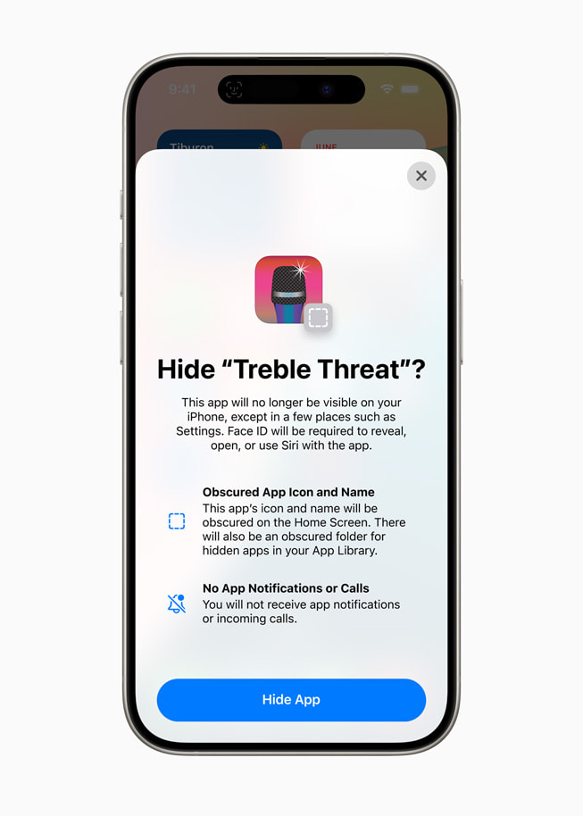 iPhone 15 Pro viser en skjerm med en tekst som spør om brukeren vil skjule appen Treble Threat.