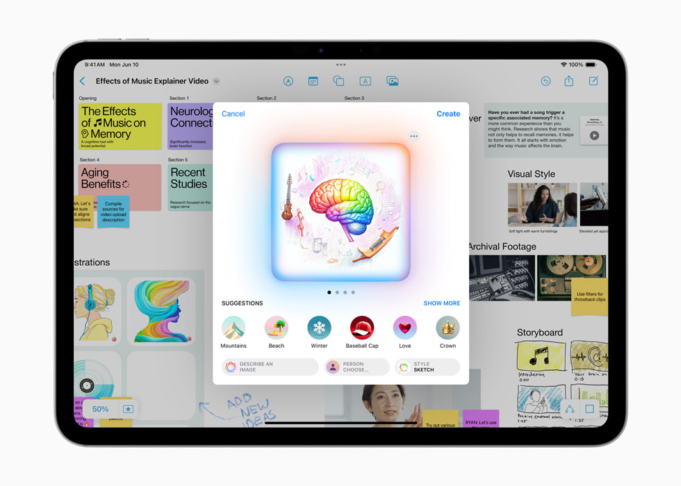 iPad Pro menampilkan proyek berjudul “Pengaruh Musik terhadap Memori” dengan sketsa profil seseorang dan catatan musik yang berwarna-warni.