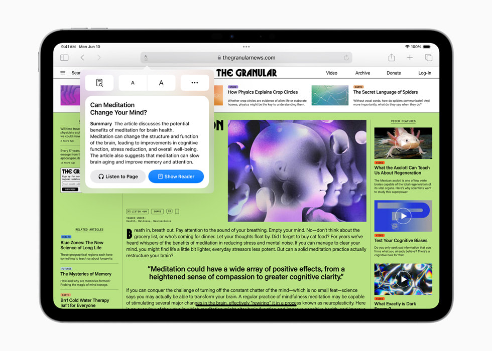 Un iPad Pro affiche un article de The Granular traitant de la méditation avec un encadré proposant un résumé de l’article. 