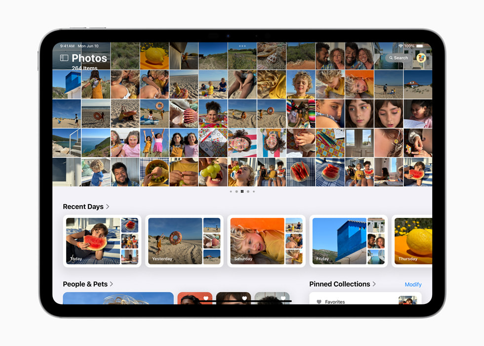 iPad Pro 顯示「照片」app 內的格狀照片，以及標記為「最近日子」、「人物和寵物」以及「釘選相簿」的相簿。