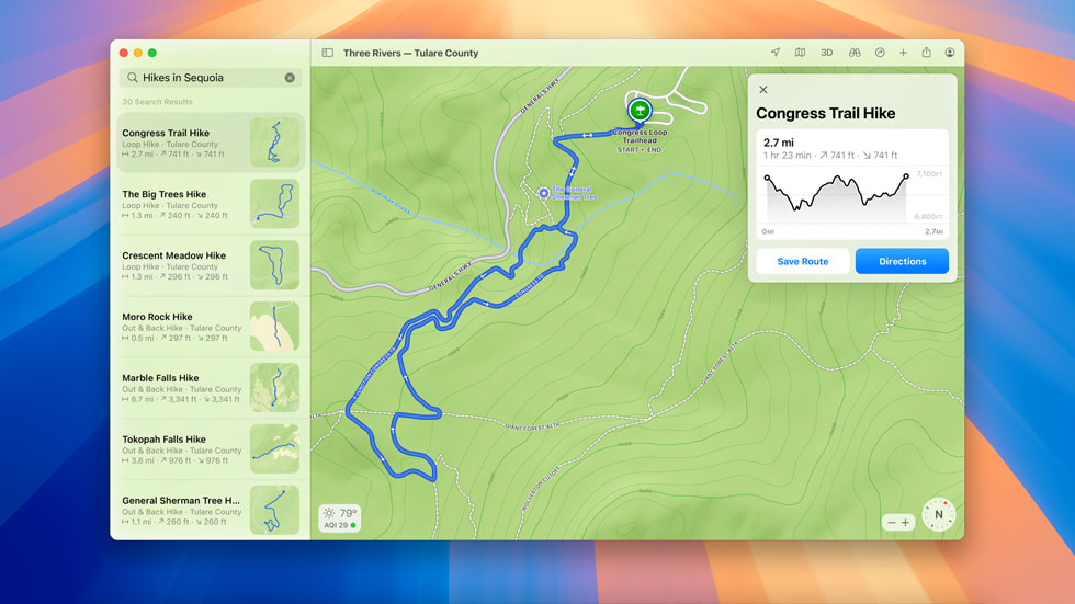 A mesa de um MacBook Pro mostra a rota Congress Trail Hike no Mapas da Apple.