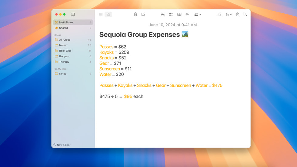De Notities-app op MacBook Pro met een Math Notes-berekening op het scherm.