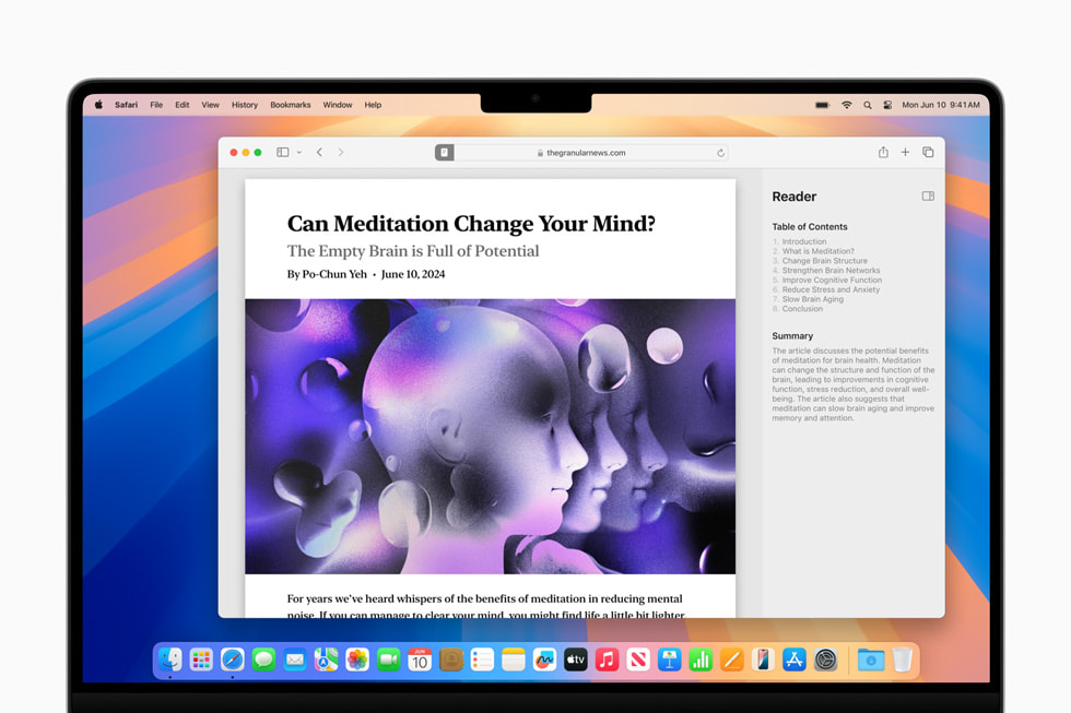 On a user’s MacBook Pro, Safari shows the redesigned Reader, with a table of contents and a summary on the right-hand side of their window.