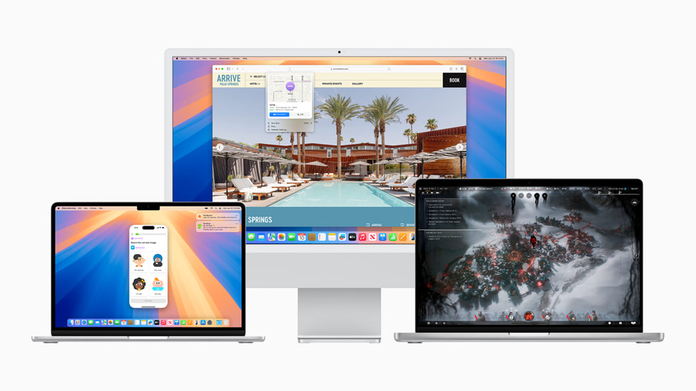 MacBook Pro shows iPhone Mirroring; Mac shows Highlights in Safari; and another MacBook Pro shows a more immersive gaming experience.
