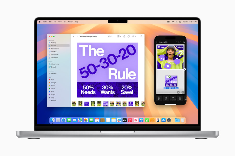 En bruker flytter og slipper innhold mellom iPhone 15 Pro og MacBook Pro.