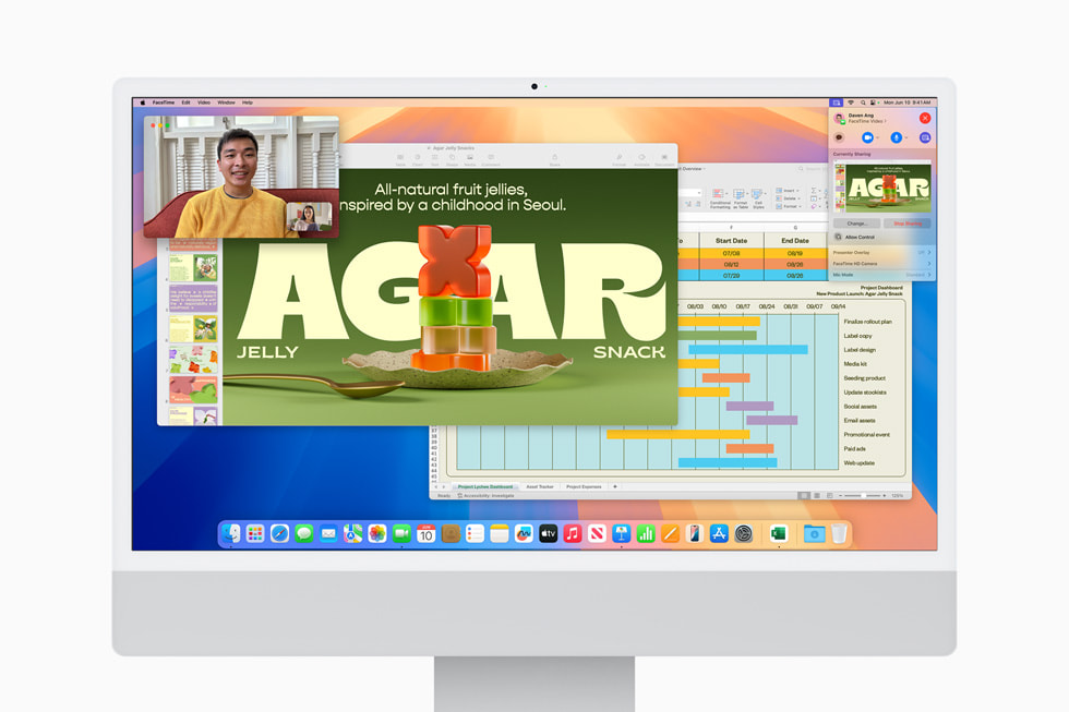 Een Mac met de nieuwe voorvertoning voor de presentator in beeld.