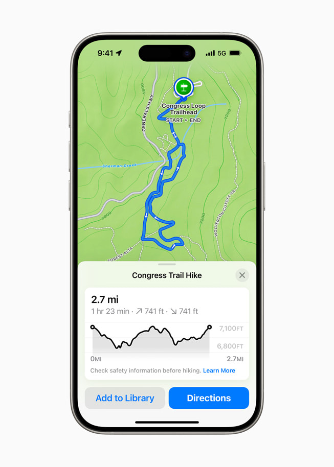 On iPhone 15 Pro, Apple Maps shows the Congress Trail Hike route.