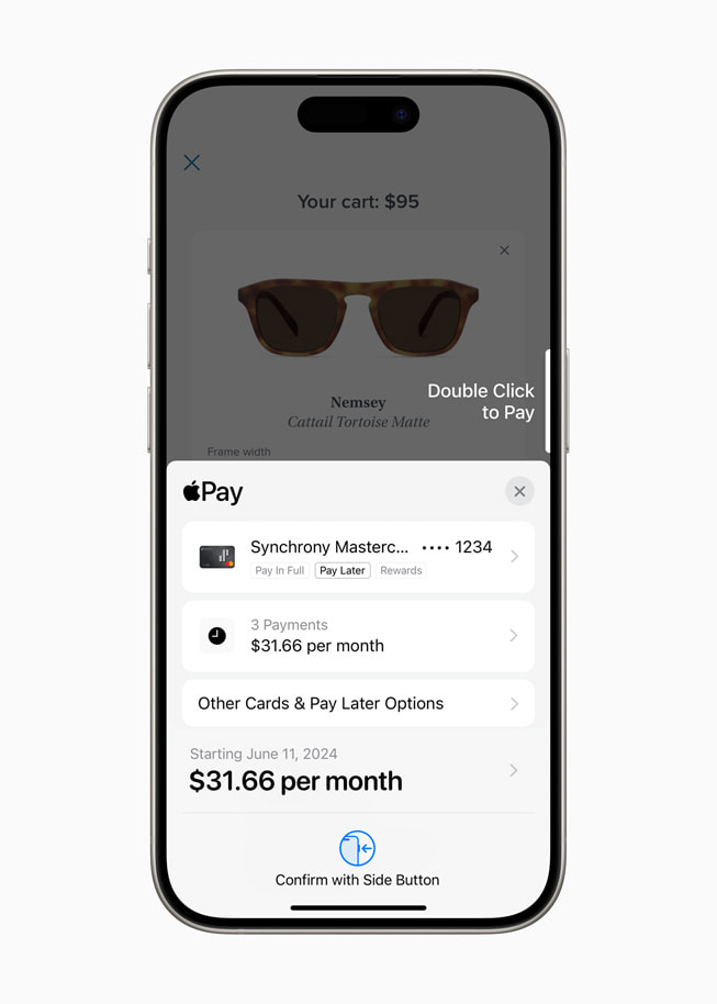 Un iPhone 15 Pro muestra la nueva funcionalidad de recompensas en Apple Pay.