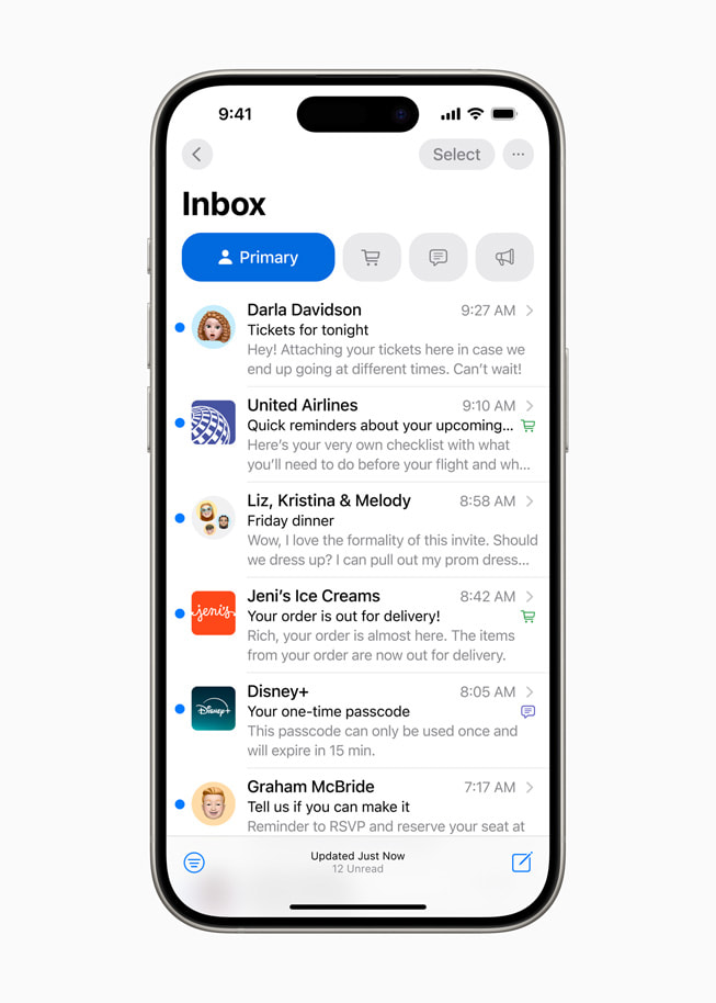 La nouvelle boîte de réception prioritaire d’iCloud Mail affichée sur un iPhone 15 Pro.
