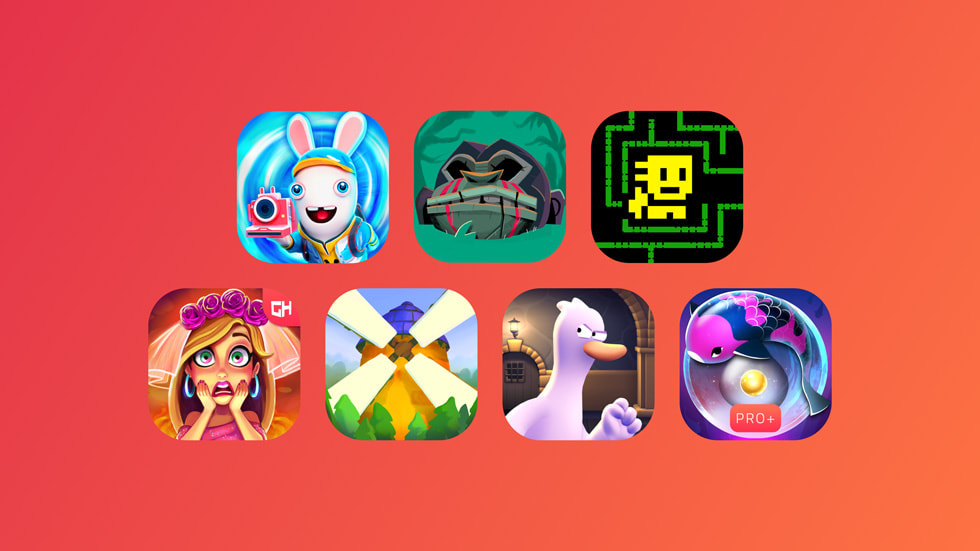 De symbolen van de zeven games in Apple Arcade.
