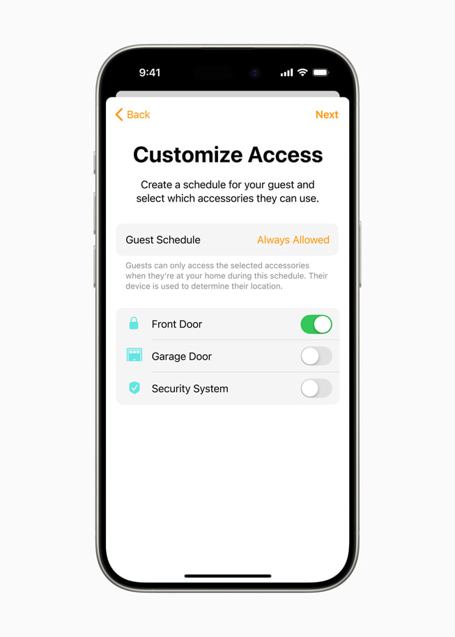 A página de personalização de acesso para convidados na nova versão do app Casa.