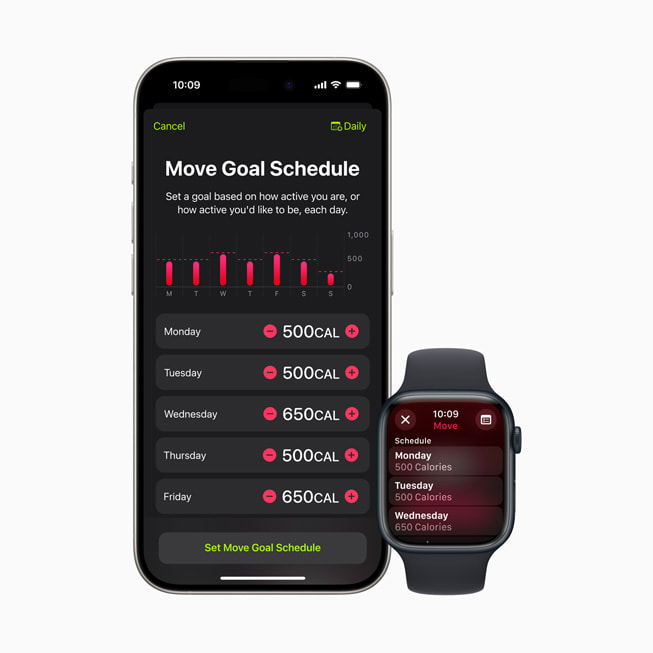 iPhone 15 Pro and Apple Watch Series 9 show a menu where users can set their move goal schedule.