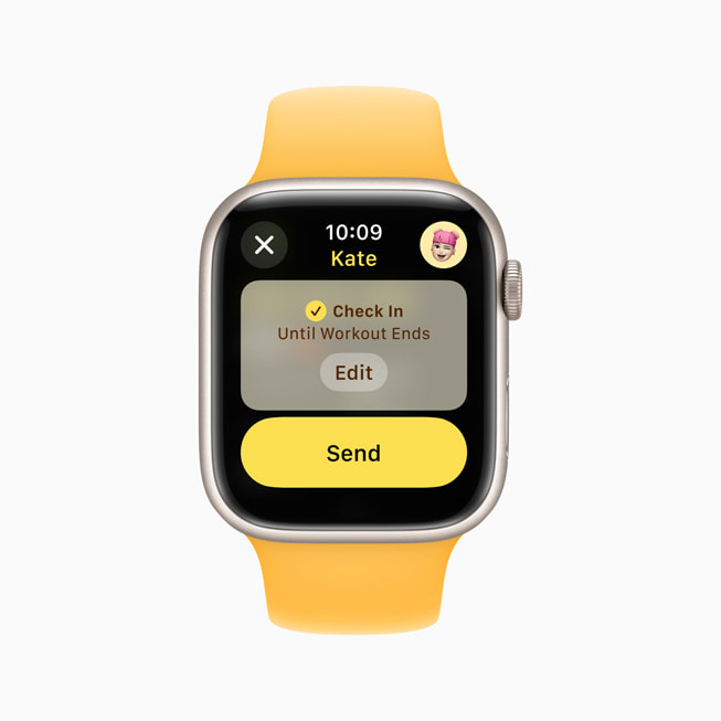 A user is prompted to select settings in Check In on Apple Watch Series 9.