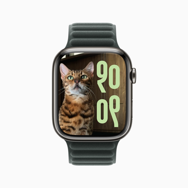 Pruhovaná kočka na ciferníku s obrázky z aplikace Fotky na hodinkách Apple Watch Series 9