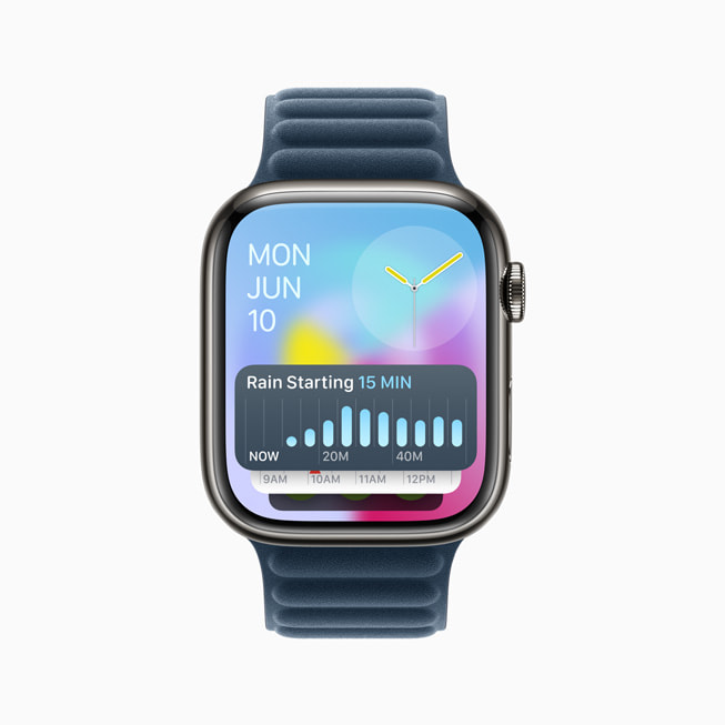 Un Apple Watch Series 9 con un widget de Tiempo en la parte superior del Grupo Inteligente.