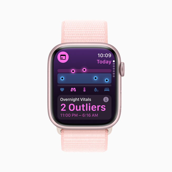 La app Signos Vitales en un Apple Watch Series 9 muestra los signos vitales con valores atípicos de un usuario durante la noche.