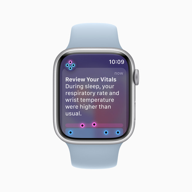 Aplikacja Vitals na Apple Watch Series 9 prosi użytkownika o przejrzenie nocnych pomiarów parametrów życiowych.