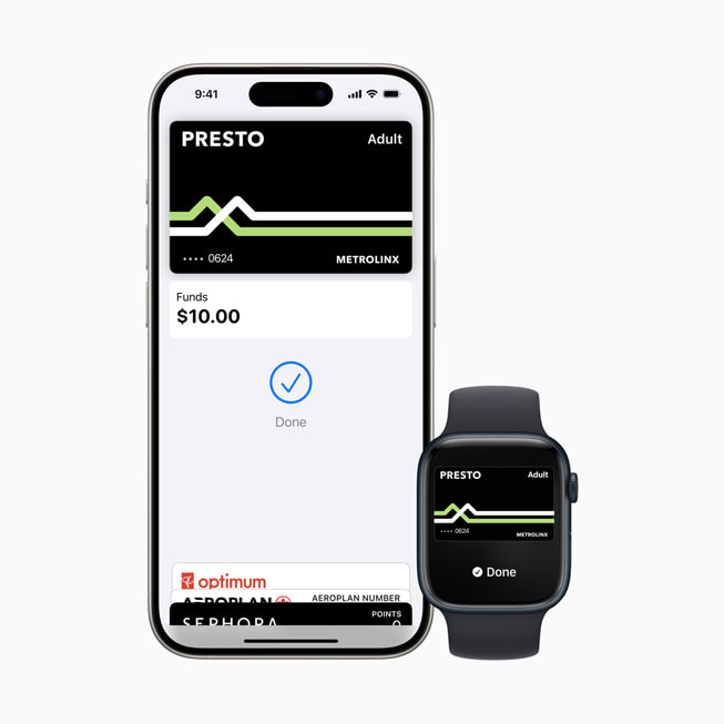 Screens on iPhone 15 Pro and Apple Watch Series 9 show a PRESTO card.