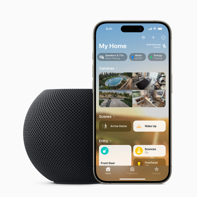 HomePod mini in midnight is shown next to iPhone 15 Pro, where a user is shown the My Home menu.