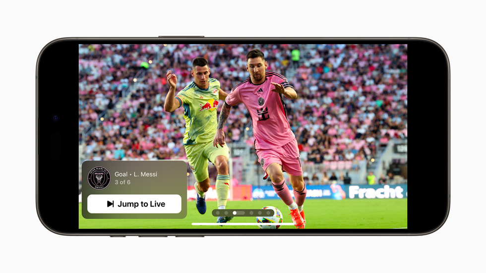 An MLS Season Pass screen on iPhone 15 Pro shows two soccer players in a match with the phrase “Jump to Live.”