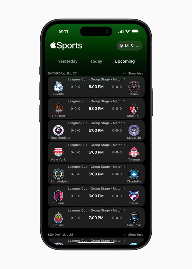 An Apple Sports screen on iPhone 15 Pro displays a list of upcoming matches.