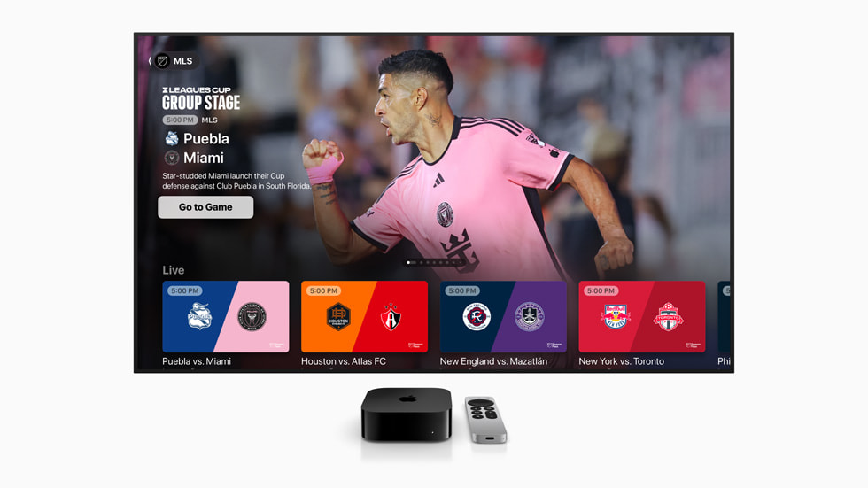 An MLS Season Pass screen shows a photo of Lionel Messi and features a “Puebla vs. Miami” match, plus, on the bottom of the screen, shows three other Leagues Cup matches set to start at the same time.