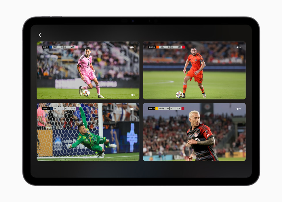 An MLS Season Pass screen on 11-inch iPad Pro shows four different live matches.