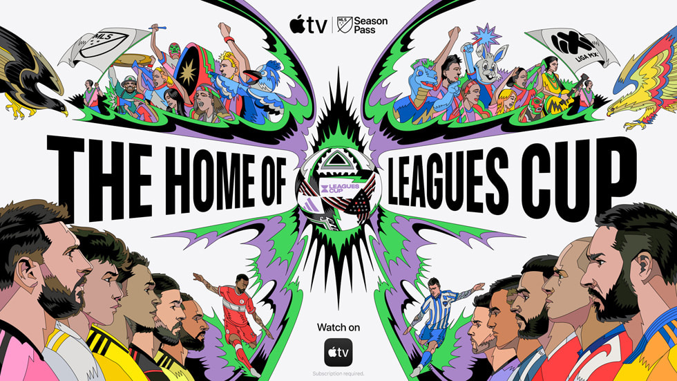 An illustration shows MLS fans and players on one side, Liga MX fans and player on the other side, and the phrase “The Home of Leagues Cup” in the middle.