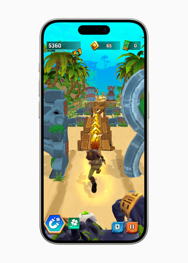 En stillbild från Temple Run: Legends visas på iPhone 15 Pro.