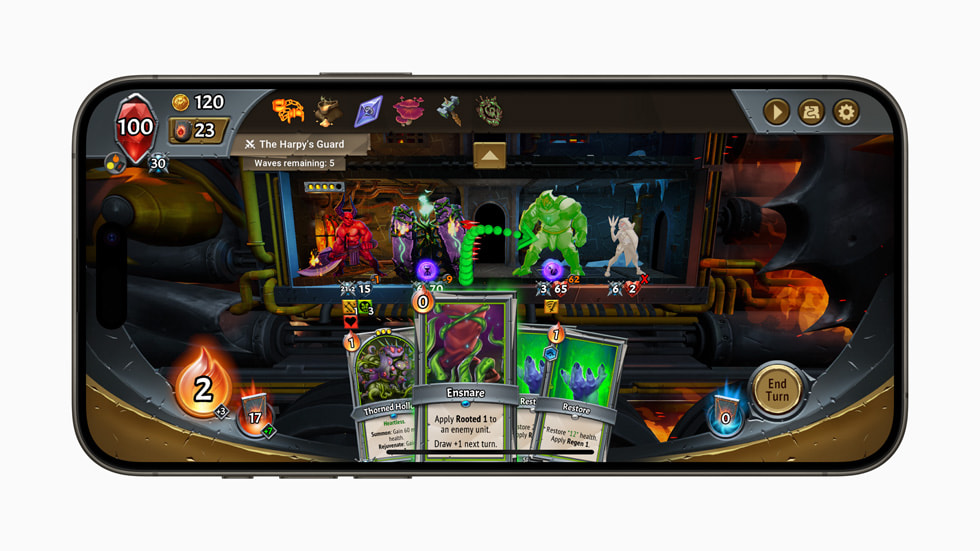 Monster Train+ gameplay displayed on iPhone 15 Pro.