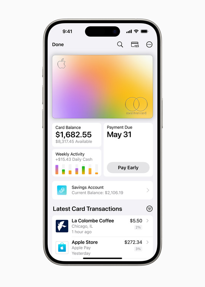 iPhone 15 Pro shows an Apple Card dashboard screen, including card balance, weekly activity, payment due date, and latest card transactions.