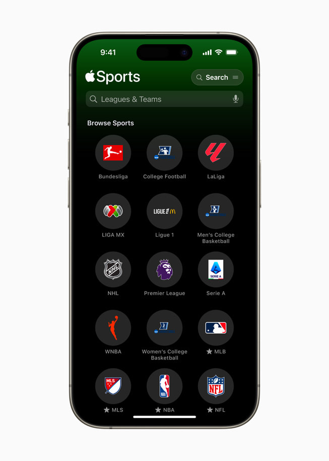 iPhone shows a search screen for various leagues in multiple sports.