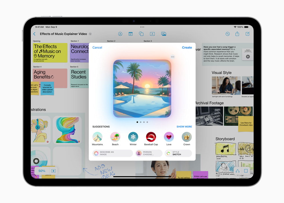 iPad Pro 11 shows an Image Playground screen featuring an illustration of a sunset.