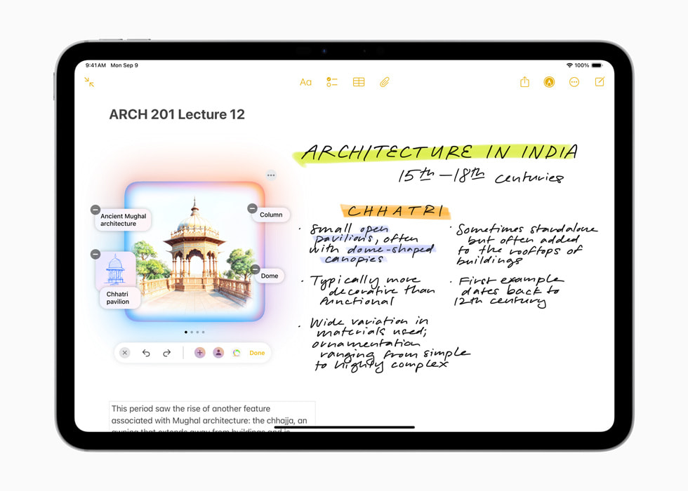 iPad Pro 11 shows an Image Wand screen featuring written notes on architecture in India with an accompanying image of a pavilion.