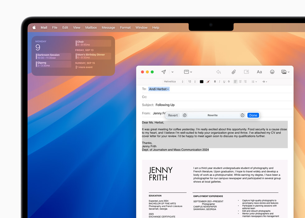 MacBook Pro 14 shows a Writing Tools screen in Mail with the option to rewrite selected text in an email.