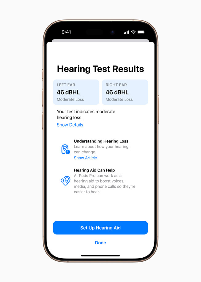 Hearing test results displayed on iPhone 16 Pro with a pair of AirPods Pro.