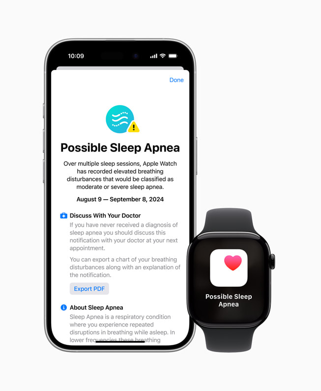 Den nye funktion til notifikationer om søvnapnø vist på Apple Watch Series 10 og iPhone 16 Pro.