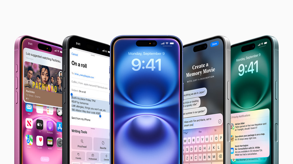 Sunt afișate cinci dispozitive iPhone 16, cu funcții Apple Intelligence, cum ar fi Instrumente de scriere, Siri și Notificări prioritare.
