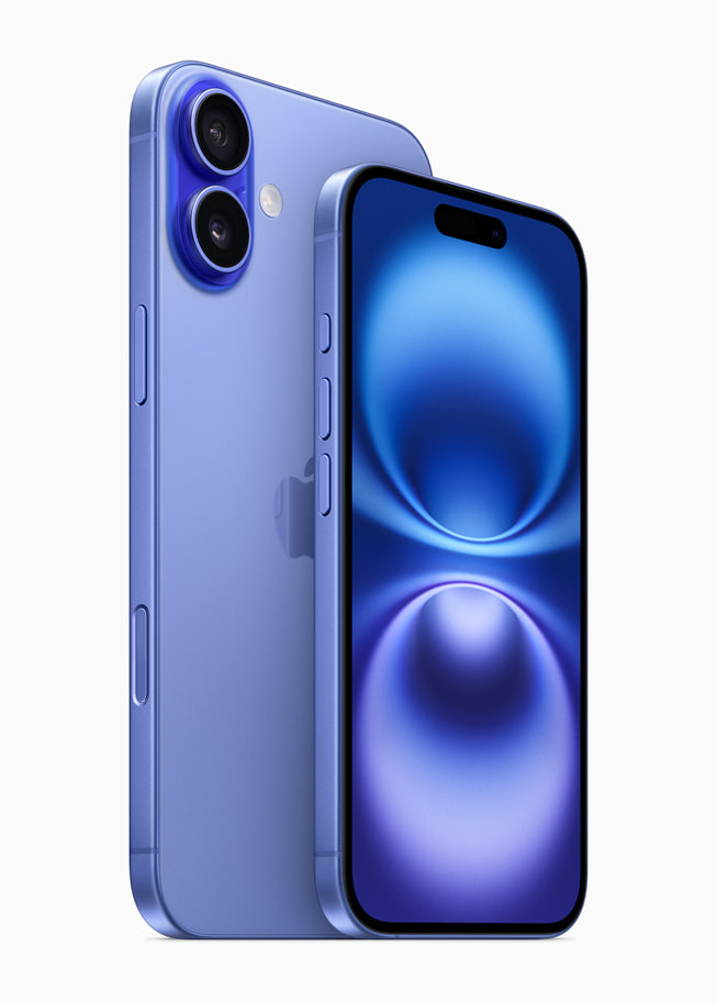 iPhone 16 and iPhone 16 Plus in ultramarine are shown side by side.