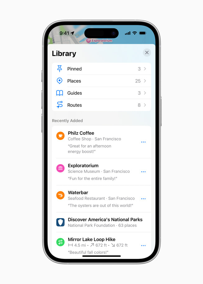 iPhone 16 顯示「Places Library」中近期新增的地點清單，包括 Philz Coffee、Exploratorium 和海鮮餐廳 Waterbar。