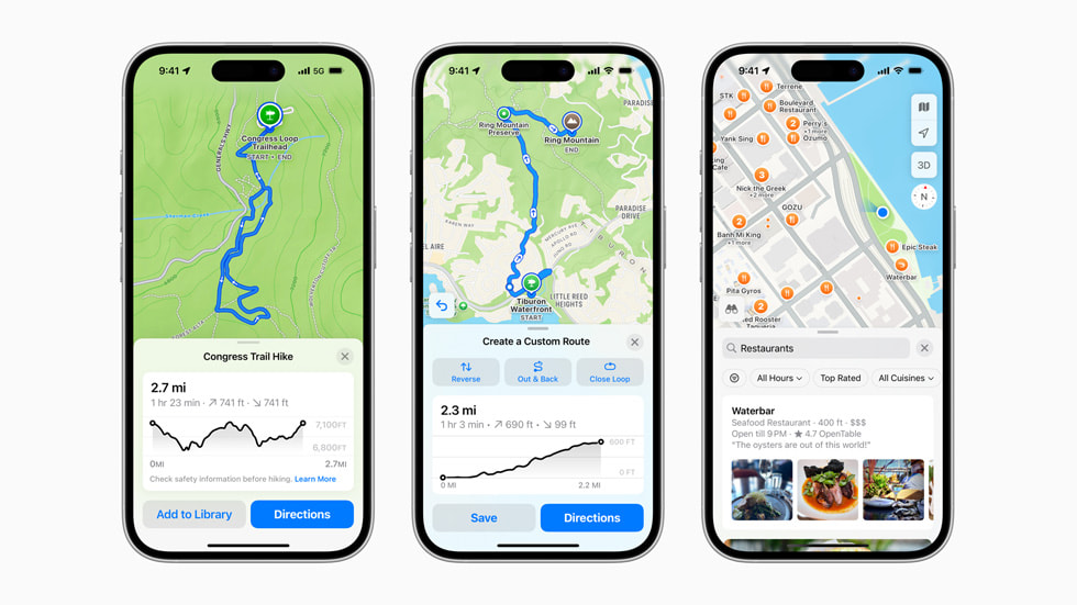 Three iPhone 16 devices show new Apple Maps features, including a hike on Congress Trail in Sequoia National Park, a custom route, and a search for restaurants in Maps.