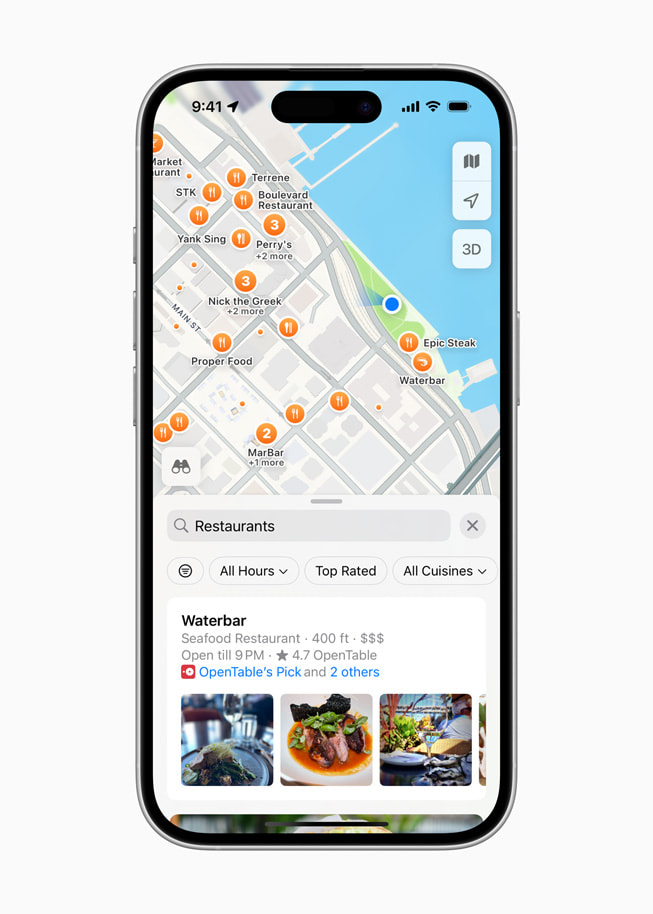 iPhone 16 shows an Apple Maps screen with a search for restaurants.