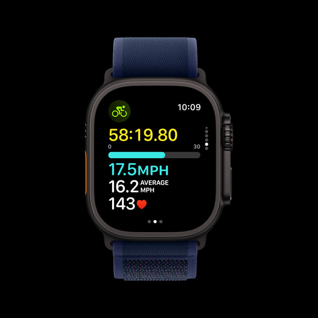 ตัวชี้วัดการปั่นจักรยานแสดงอยู่บน Apple Watch Ultra 2 