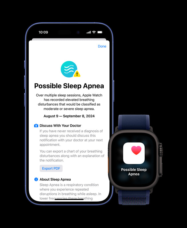 Sleep apnea detection displayed on iPhone 16 and Apple Watch Ultra 2. 