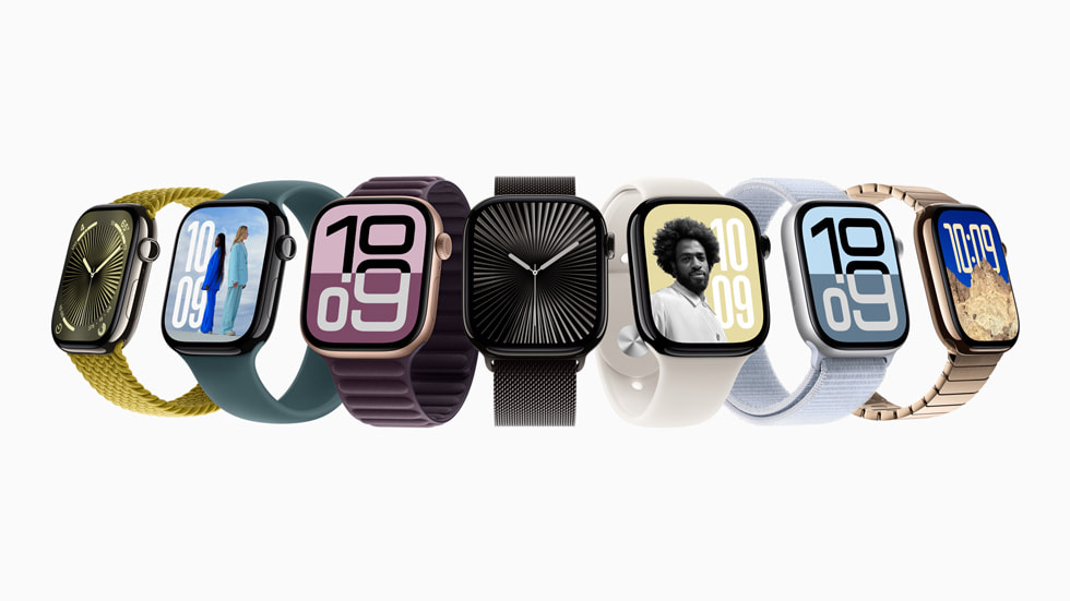 A fanned-out array of seven Apple Watch Series 10 devices with different finishes and bands.