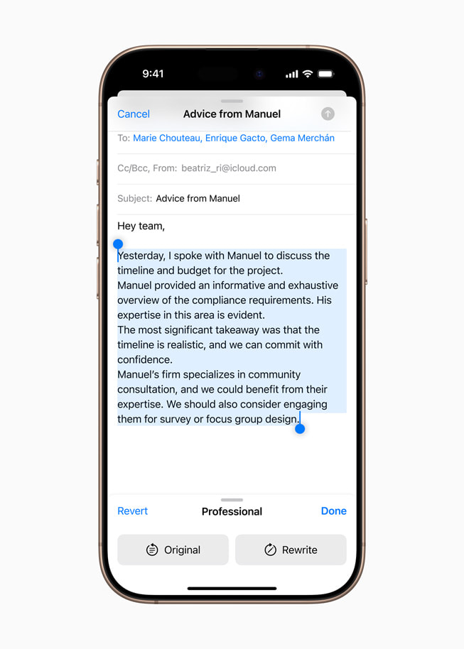 In Mail, the user’s writing has been reworked to include a more professional tone using the Apple Intelligence-powered Rewrite tool.