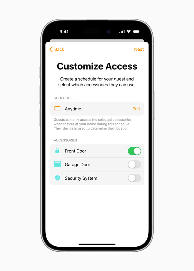 In the Home app on iPhone 16 Pro, a screen reads “Customize Access,” and prompts the user to “create a schedule for your guest and select which accessories they can use.” 