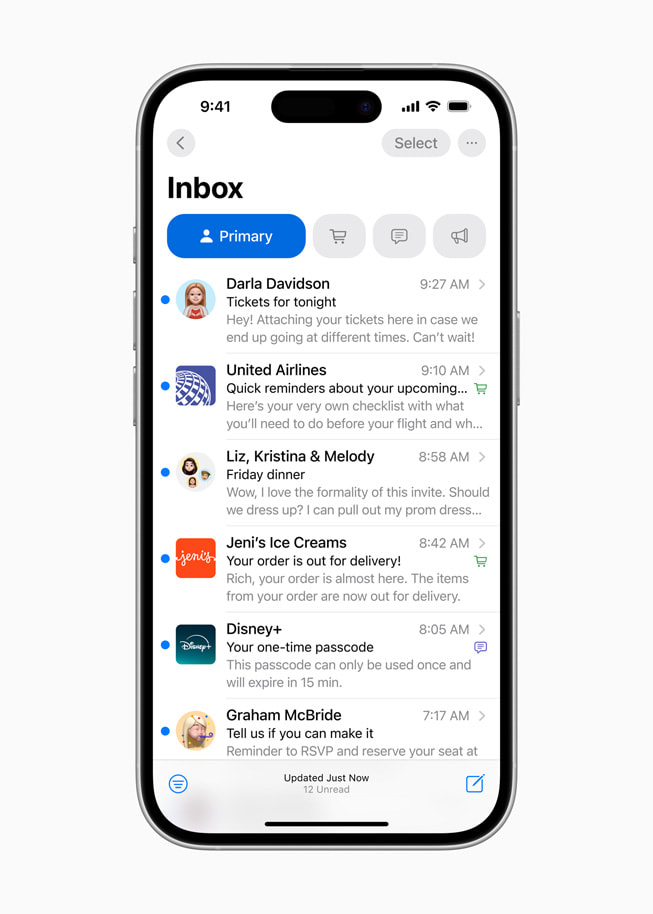 A user’s Primary view in Mail is shown on iPhone 16 Pro.