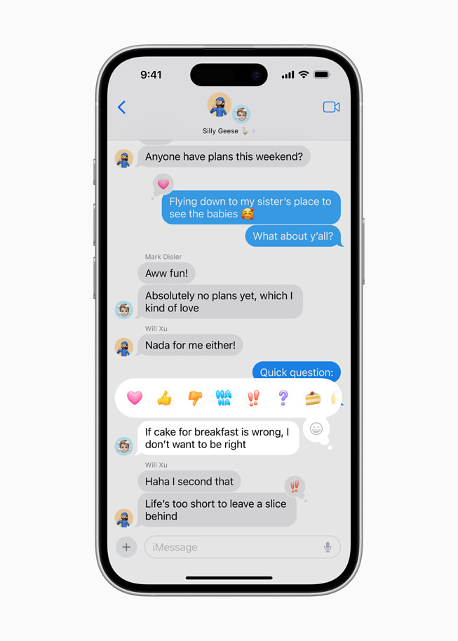 On iPhone 16 Pro, a group thread in Messages shows new options for Tapbacks in iOS 18.