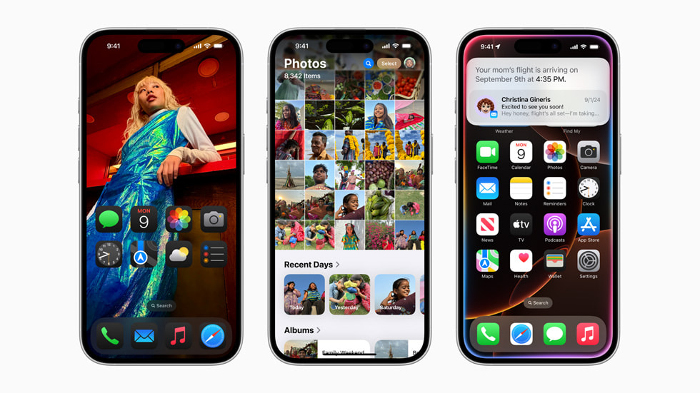 Drei iPhone 16 Pro Displays mit dem anpassbaren Homescreen, der überarbeiteten Fotos App und Apple Intelligence mit Siri.